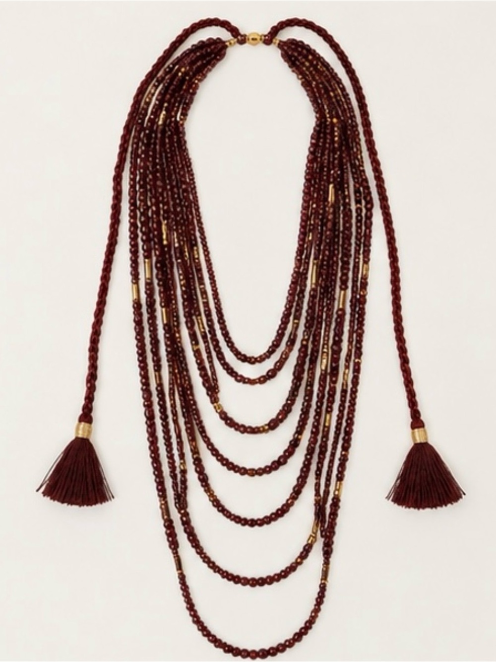 MONSOON LONDON- BNWOT- MULTI STRAND TASSEL BEADED NECKLACE - BURGUNDY
